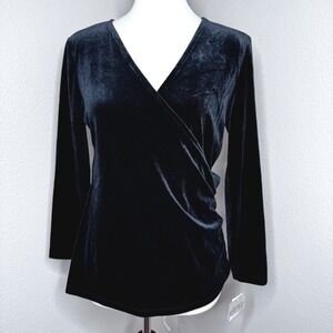 KASPER NWT Surplice Wrap Velvet Velour Top SMALL Black Party Holiday Whimsigoth‎